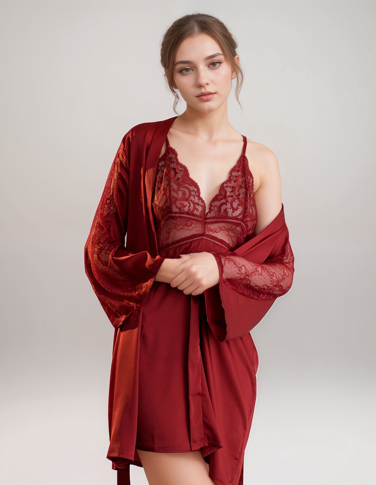 Luxurious Lace Satin Bridal Lingerie Set with Nightgown & Robe - 7 Colors Next Day Shipping