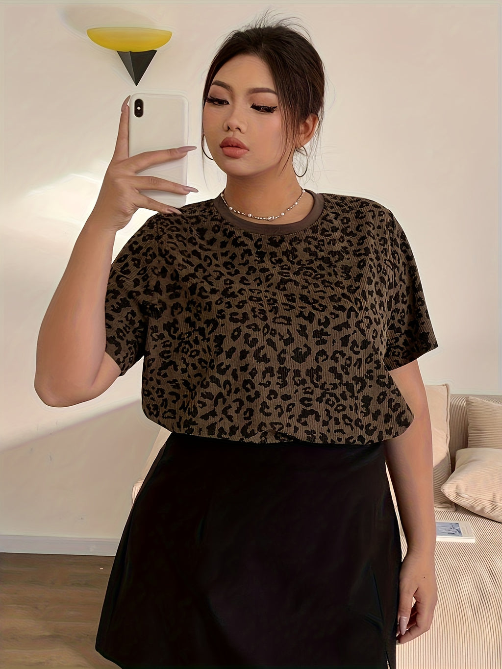 Plus Size, Women's Plus Size Elegant Brown & Black Leopard Print Short Sleeve Blouse