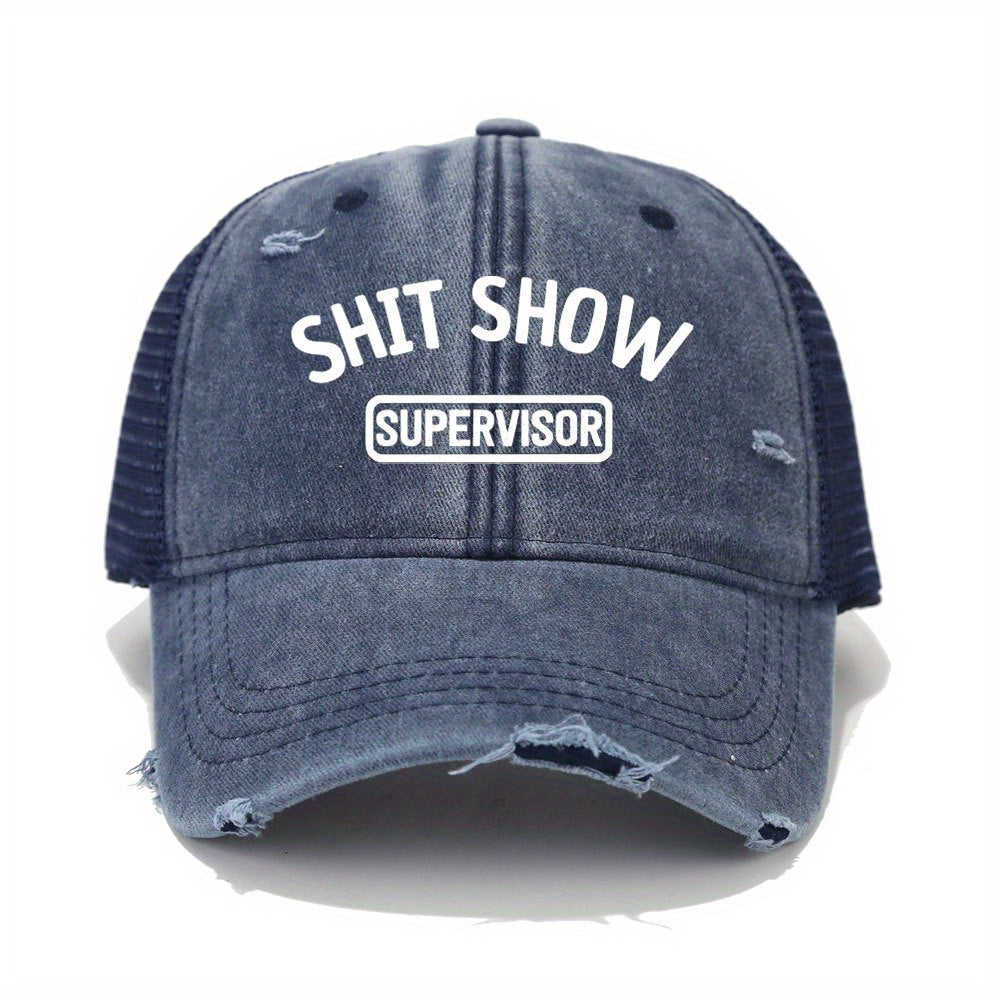 Vintage Washed Unisex Breathable Baseball Cap - Distressed Mesh Trucker Hats for Women & Men with Adjustable Strap and Golf Sun Protection - Unique Shit Show Printed Design