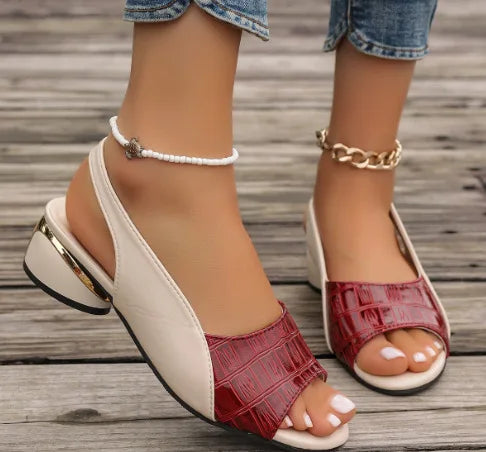 Leather Heeled Sandals Medium Heel Large Size Fish Mouth Outer Wear Sandals Adult Shoes