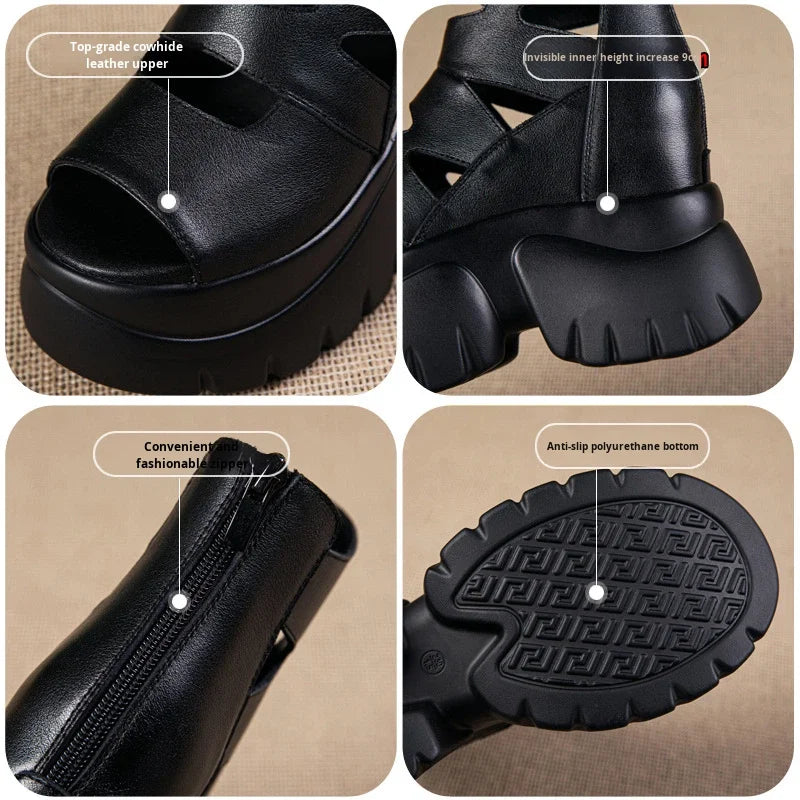 Genuine Leather Roman Sandals Fashion High Heels Women's Casual Platform Thin Open Mesh