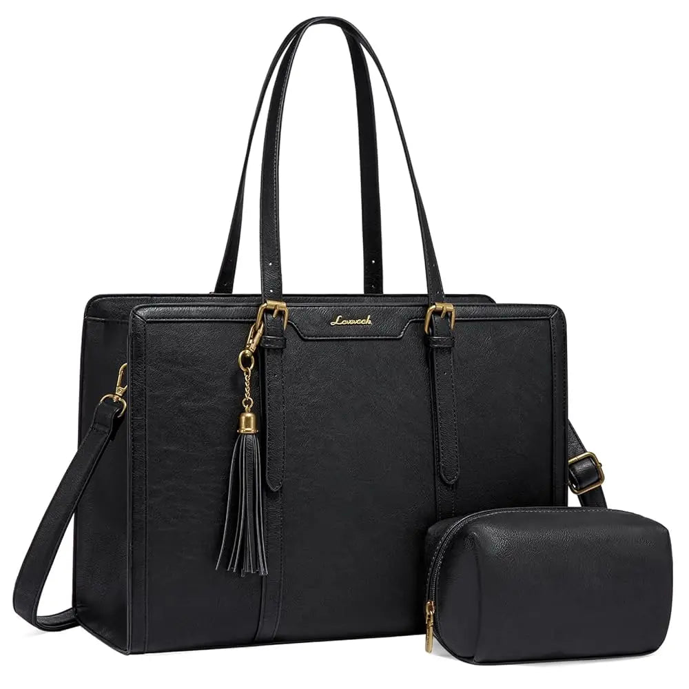 LOVEVOOK Laptop Bag for Women Vintage PU Leather Office Tote 15.6 17 Inch Large Capacity Computer Bag with Clutch Purse for Work
