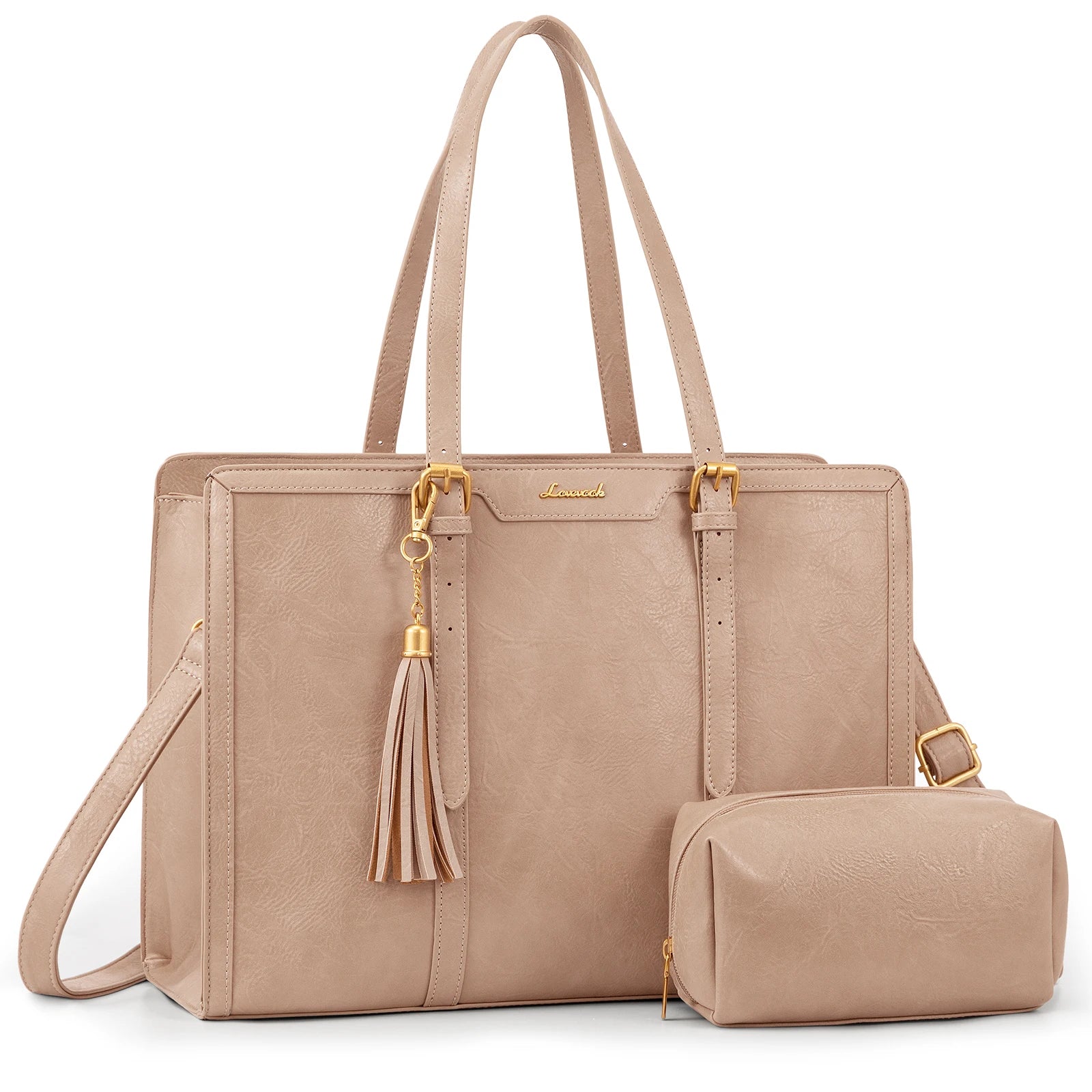 LOVEVOOK Laptop Bag for Women Vintage PU Leather Office Tote 15.6 17 Inch Large Capacity Computer Bag with Clutch Purse for Work