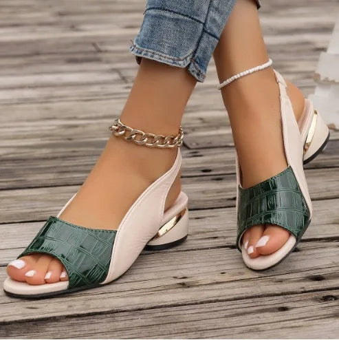 Leather Heeled Sandals Medium Heel Large Size Fish Mouth Outer Wear Sandals Adult Shoes