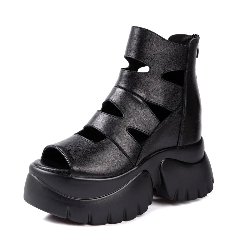 Genuine Leather Roman Sandals Fashion High Heels Women's Casual Platform Thin Open Mesh