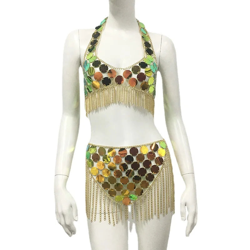 New Arrival New Body Chains Geometric Wafer Tassel Chest Necklace Beach Bikini Swimsuit Body Chains Suit Set