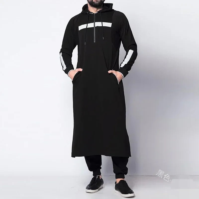 Men's Clothing Casual Long Sleeve Pullover Hooded Drawstring Long Sweater Vintage Fashion Striped Pocket Robe