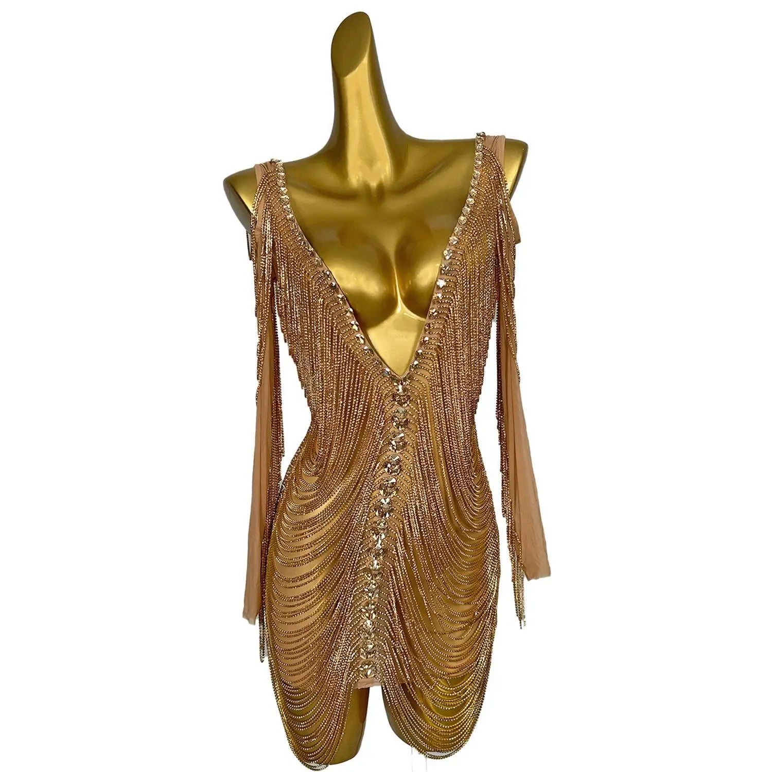 Valentine Day Outfit Sparkly Rhinestone V Neck Birthday Dress Chain Sleeve Jazz Dance Costume Nightclub Performance Wear Wanwan