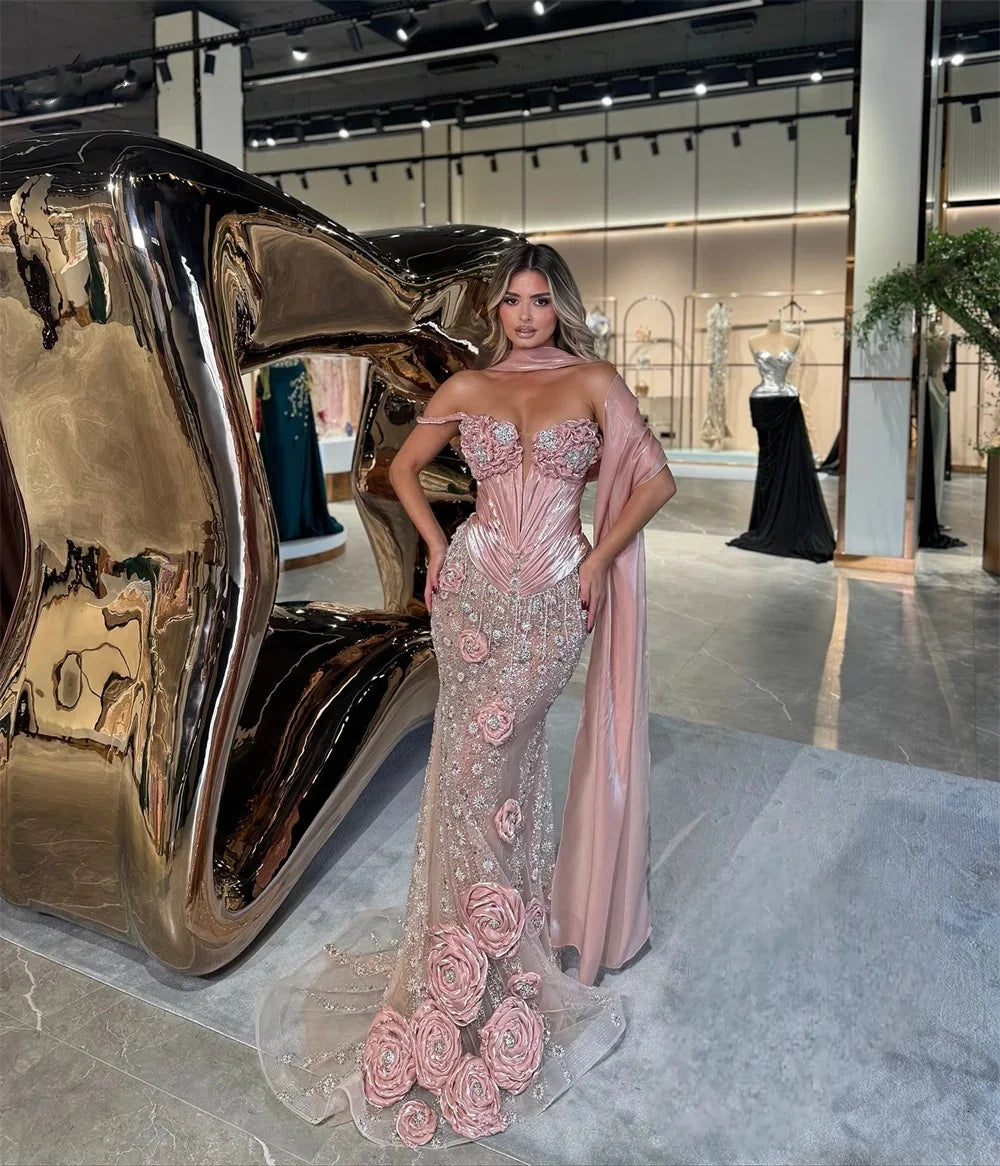 Modern Evening Dresses Handmade 3D Ruffle Flowers Prom Dress with Cape Beading Sequins Mermaid Party Gowns Vestidos De Noche