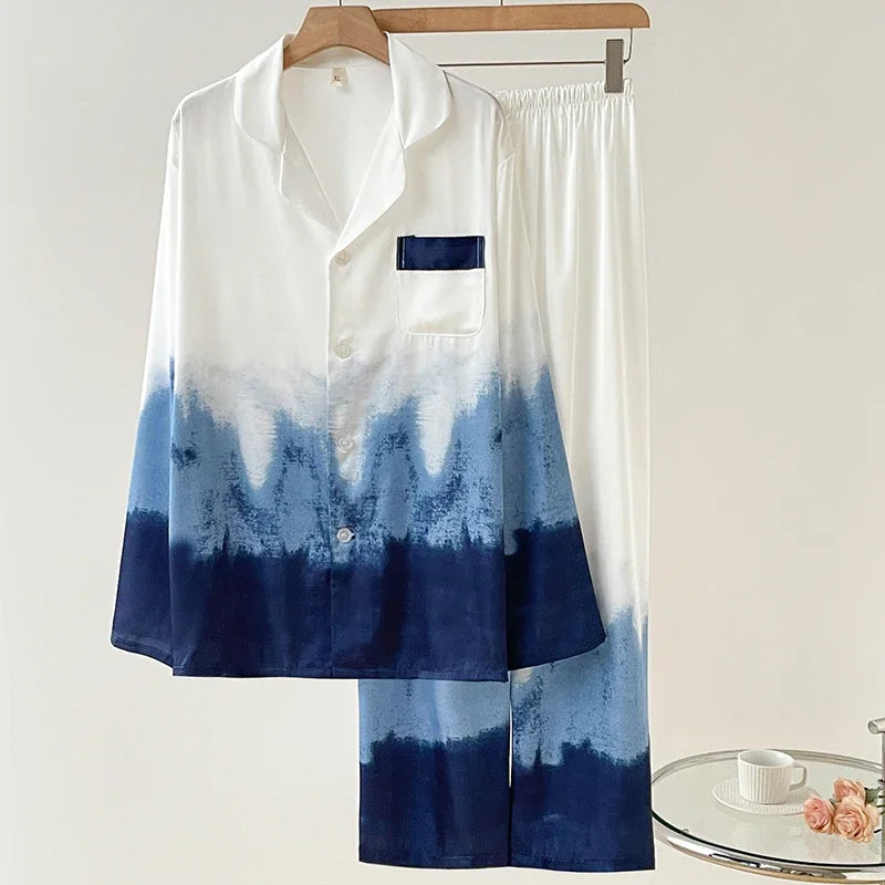 New Male Pajamas Set Homewear Print Short Sleeve Trouser Suits