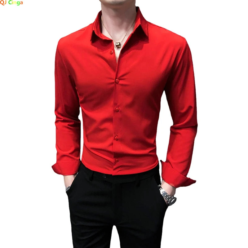 Bright Red Long Sleeve Shirt Men's Fashion Slim Shirts White Blue Gray Men Tops Black Purple Green Dress Camisa Male Chemise