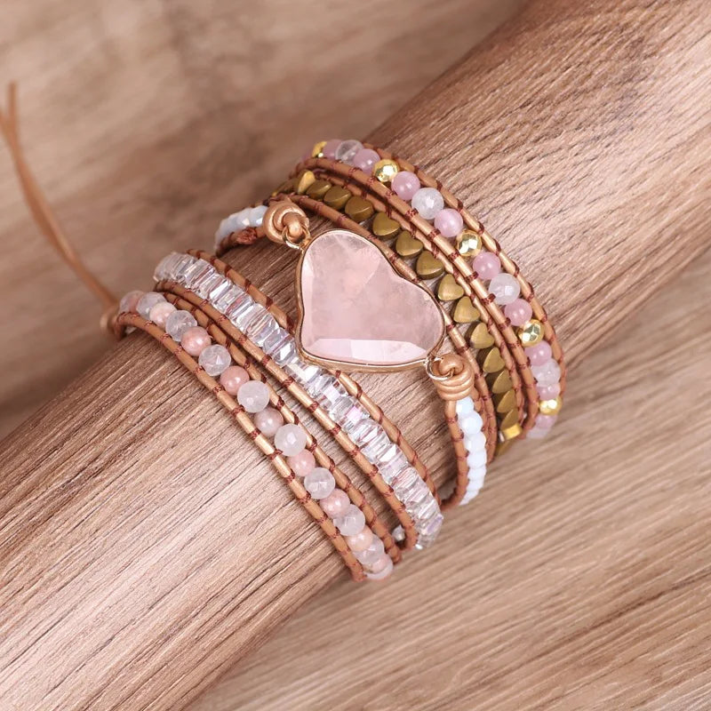 Rose Quartz Natural Stone Wrap Bracelet For Women/Men Multilayer Heart Charms Genuine Leather Boho Handmade Beaded Bracelet
