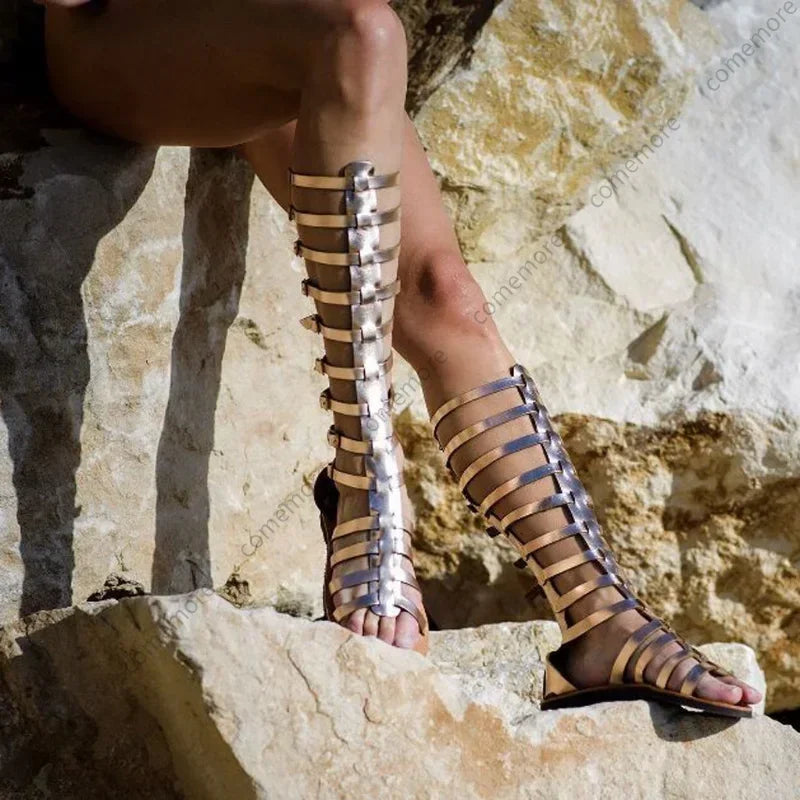 Sandals Ladies Fashion Casual Flats Knee High Boot Retro Shoes Sandal 2025 New Peep Toe Women Outdoor Cool Summer Boots