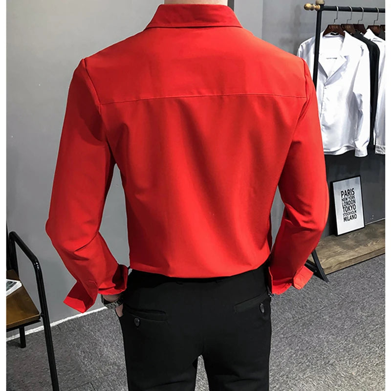 Bright Red Long Sleeve Shirt Men's Fashion Slim Shirts White Blue Gray Men Tops Black Purple Green Dress Camisa Male Chemise