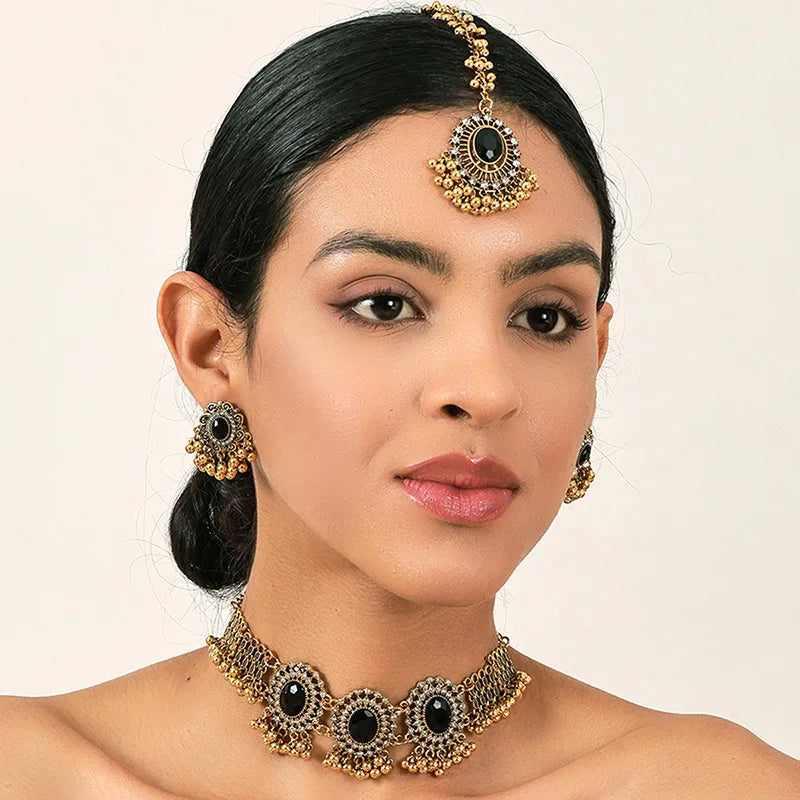 Ethnic Jewelry Set Glasses Stone Jewelry Sets Hollow Metal Pendant Necklace Earrings Headchain Set For Women Jewelry Gifts