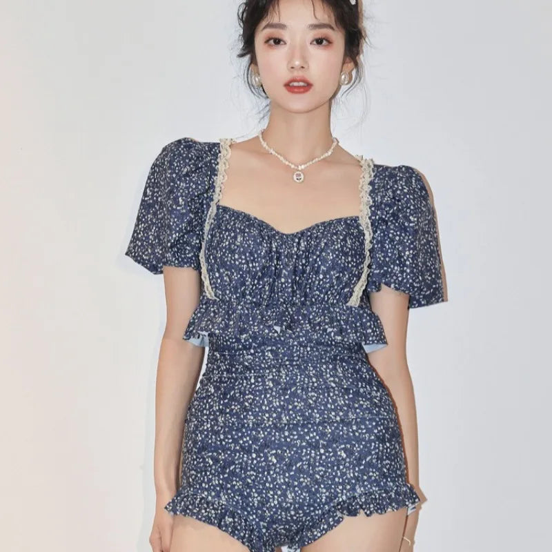 Swimsuit for Women with Pure Desire High-end Feeling Sexy Backless Floral Style Gathered Skirt Style One-piece Beach Swimsuit