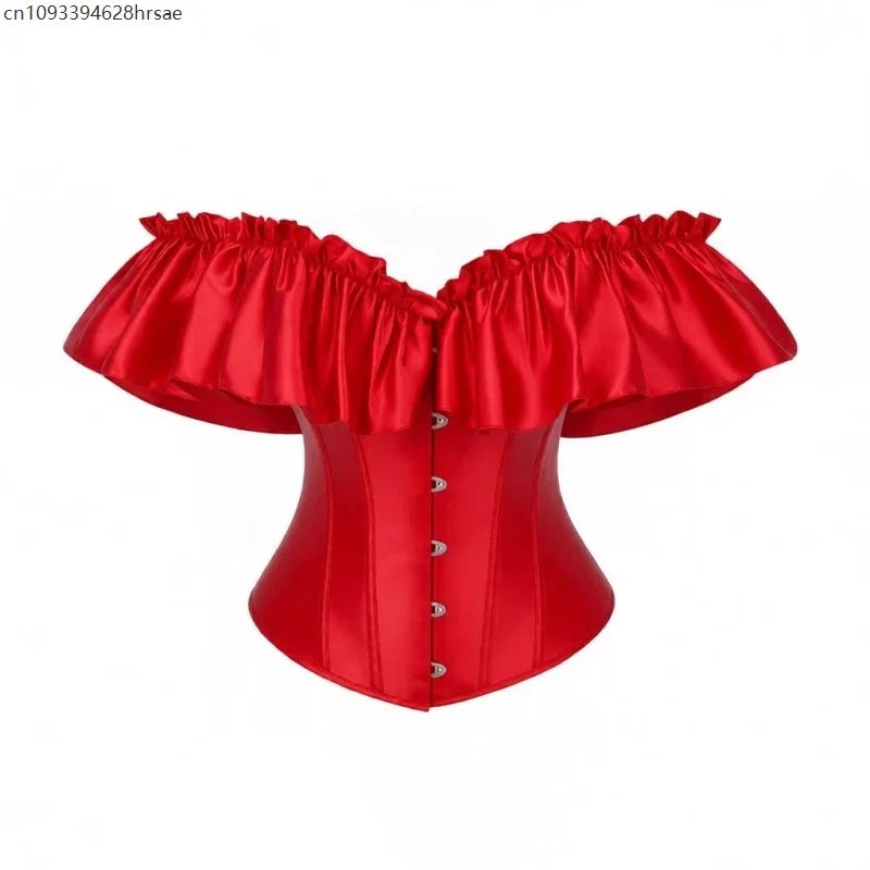 Sexy Off Shoulder Ruffled Red Corset Lace-up Top Women's Victorian Black Vintage Waist Underbust Cincher Party Outfits