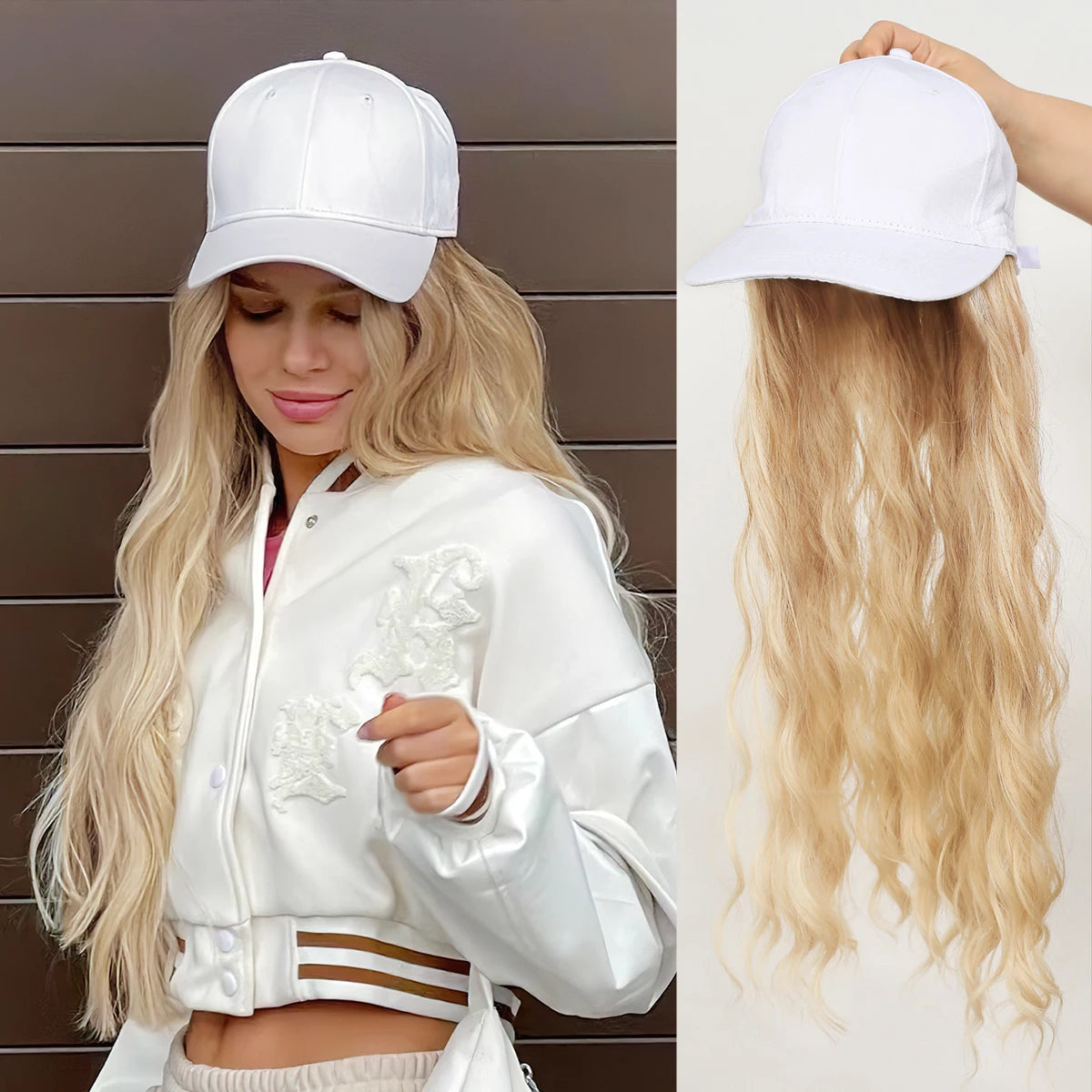 Long Wavy Synthetic Baseball Cap Hair Wig for Girl Hair Wig Naturally Connect Hat Wigs Adjustable