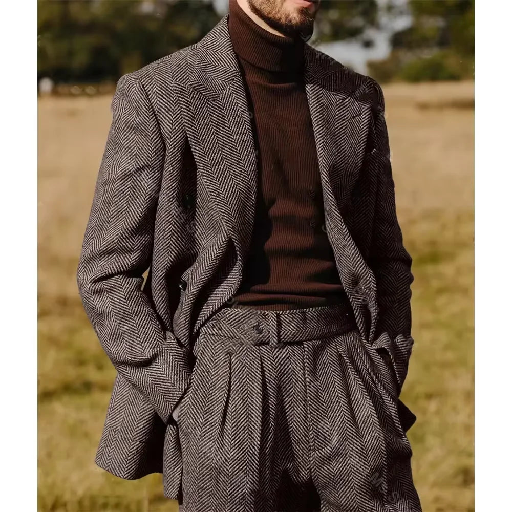 Herringbone Men's Suit 2 Pieces Set Fashion Lapel Double Breasted Tuxedos Groom Blazer Pants Party Business Tailored Hot Sell