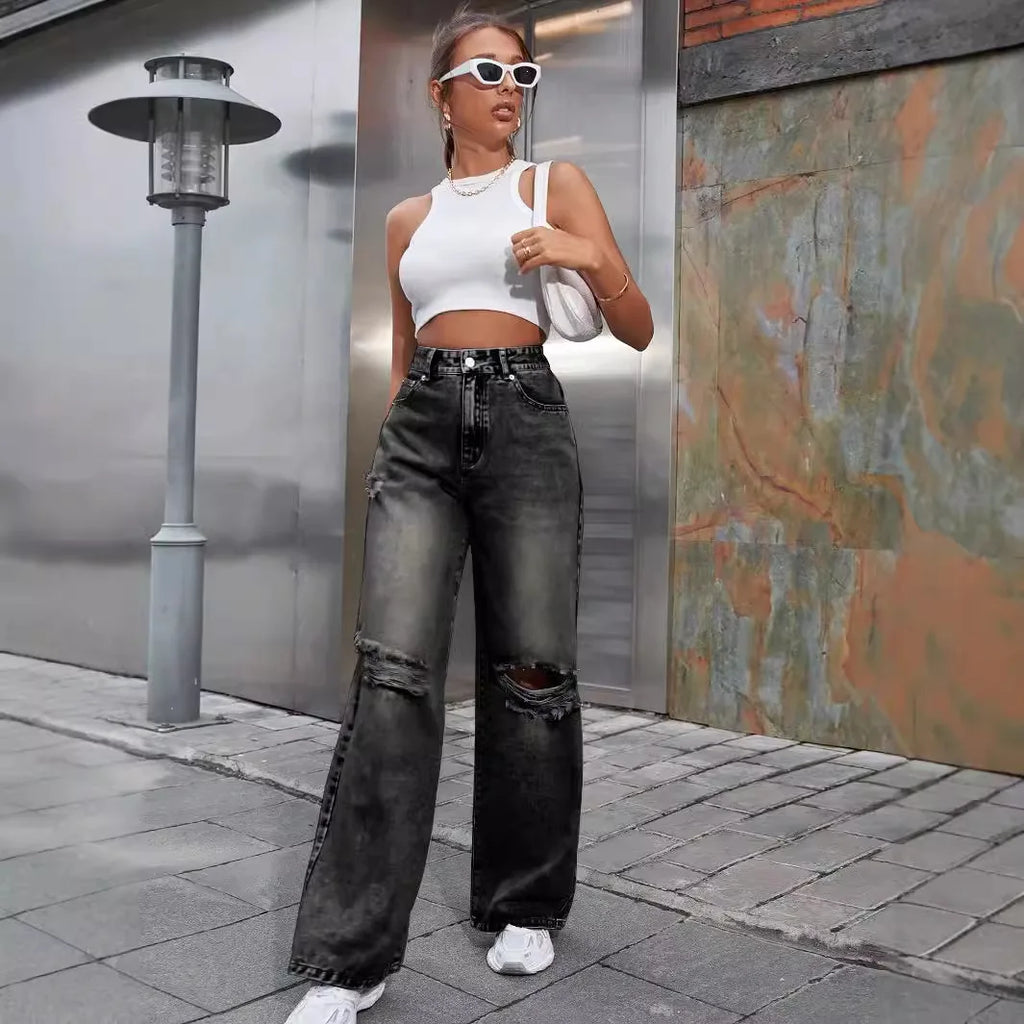 Autumn New Women's Fashion Ripped High Waist Wide Leg Casual Jeans Boyfriend Jeans for Women