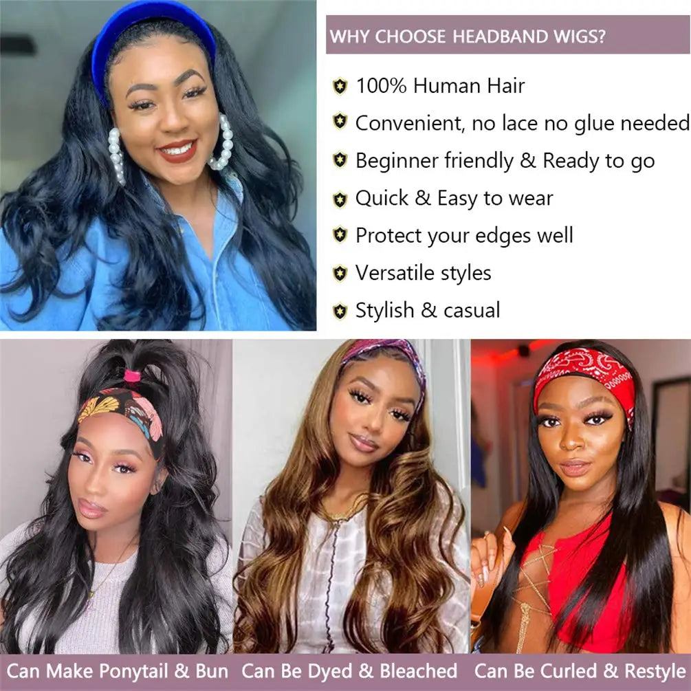 Body Wave Headband Wig Human Hair 18-32 Curly Hair Headband Wig Indian Virgin Machine Made Human Hair Wigs With Headband