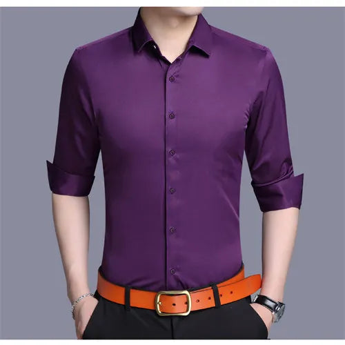 Bright Red Long Sleeve Shirt Men's Fashion Slim Shirts White Blue Gray Men Tops Black Purple Green Dress Camisa Male Chemise
