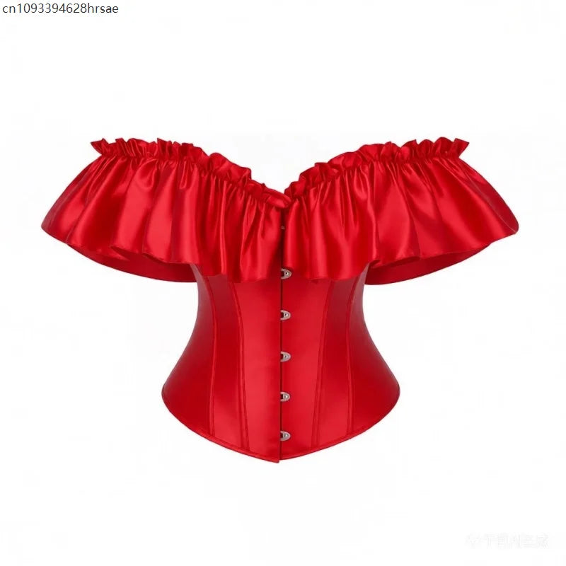 Sexy Off Shoulder Ruffled Red Corset Lace-up Top Women's Victorian Black Vintage Waist Underbust Cincher Party Outfits
