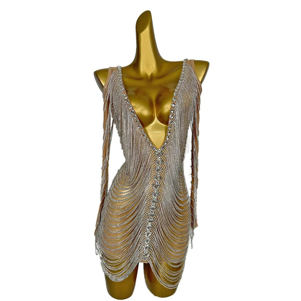 Sparkly Rhinestone V Neck Dress Chain Sleeve