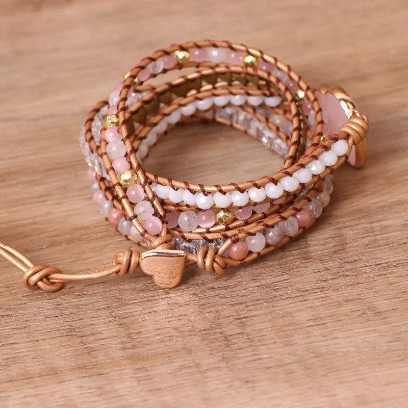 Rose Quartz Natural Stone Wrap Bracelet For Women/Men Multilayer Heart Charms Genuine Leather Boho Handmade Beaded Bracelet