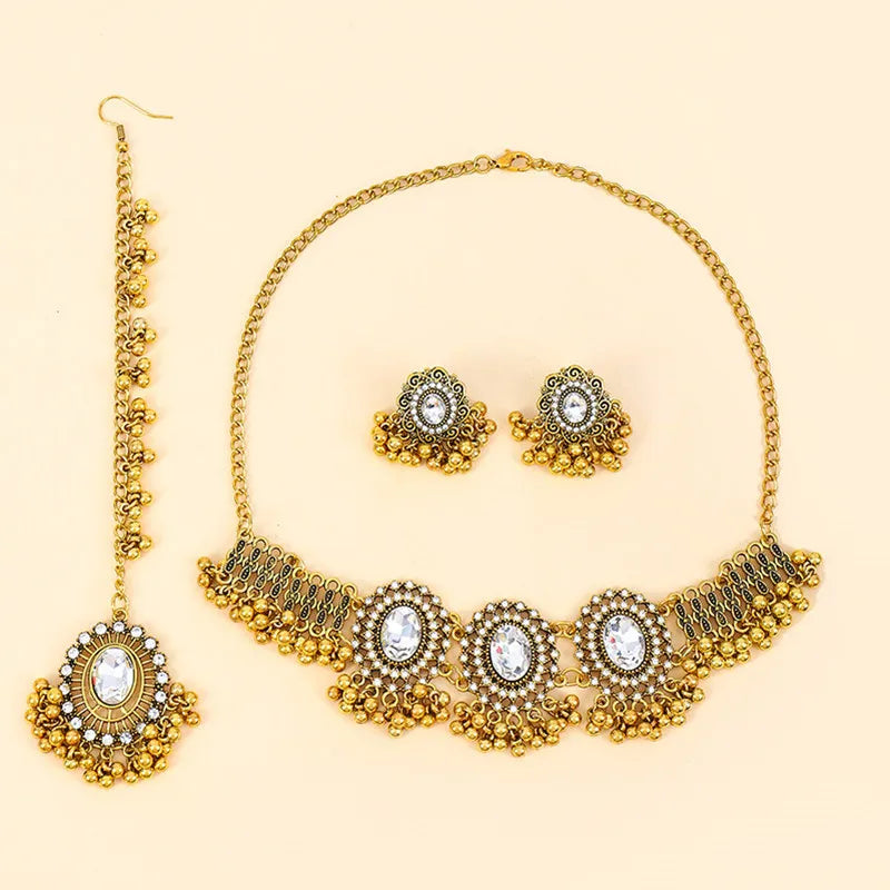 Ethnic Jewelry Set Glasses Stone Jewelry Sets Hollow Metal Pendant Necklace Earrings Headchain Set For Women Jewelry Gifts