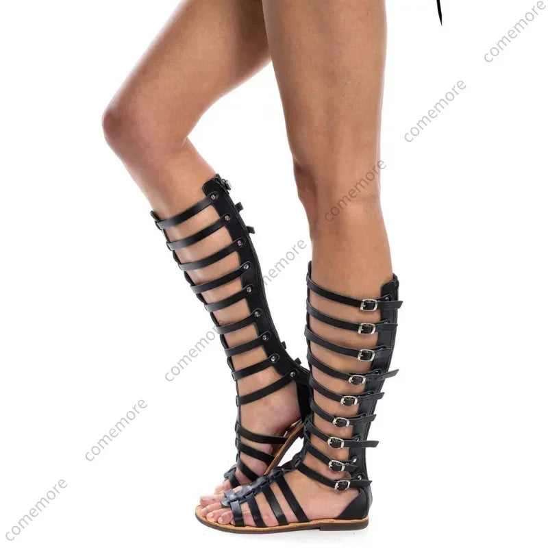 Sandals Ladies Fashion Casual Flats Knee High Boot Retro Shoes Sandal 2025 New Peep Toe Women Outdoor Cool Summer Boots