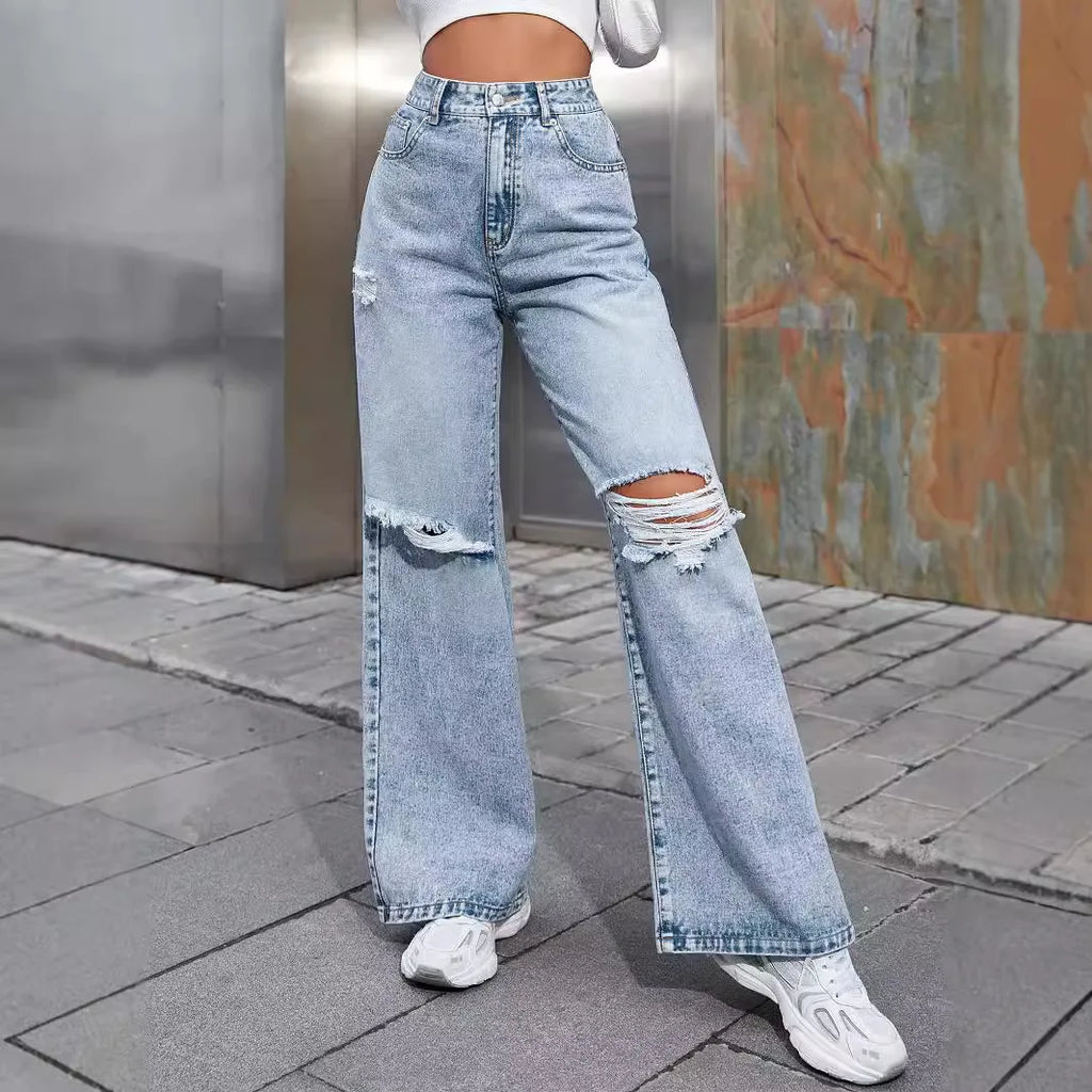 Autumn New Women's Fashion Ripped High Waist Wide Leg Casual Jeans Boyfriend Jeans for Women
