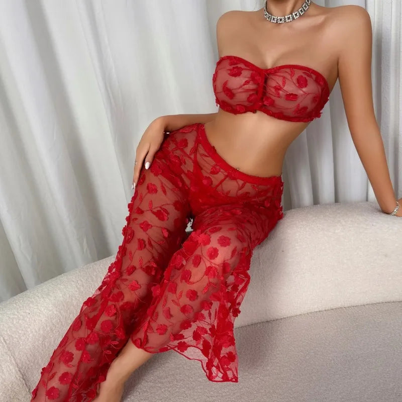 Red Erotic Sexy Lingerie Sets for Women Elegant 3PC Pants Strapless Bra 3D Floral Underwear See Through Clubwear Erotic Costumes
