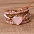 Rose Quartz Natural Stone Wrap Bracelet For Women/Men Multilayer Heart Charms Genuine Leather Boho Handmade Beaded Bracelet