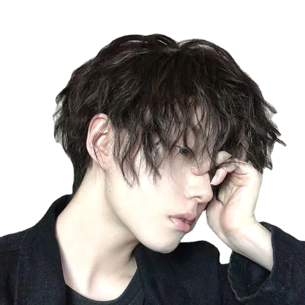 Short Natural Curly Wig For Men Black Synthetic Hair with Bangs Faux Hairs