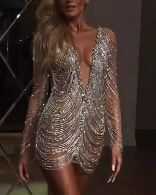 Valentine Day Outfit Sparkly Rhinestone V Neck Birthday Dress Chain Sleeve Jazz Dance Costume Nightclub Performance Wear Wanwan