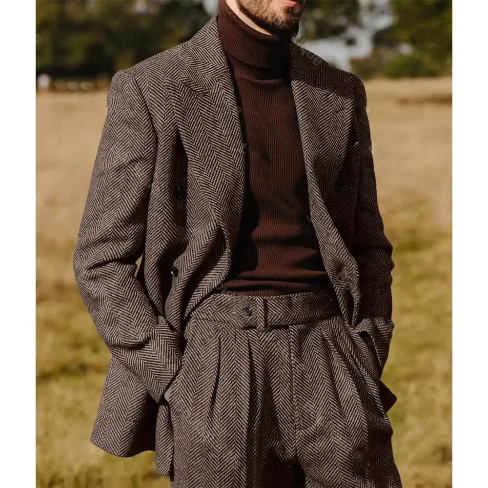 Herringbone Men's Suit 2 Pieces Set Fashion Lapel Double Breasted Tuxedos Groom Blazer Pants Party Business Tailored Hot Sell