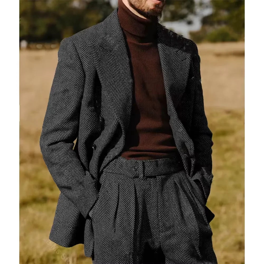 Herringbone Men's Suit 2 Pieces Set Fashion Lapel Double Breasted Tuxedos Groom Blazer Pants Party Business Tailored Hot Sell