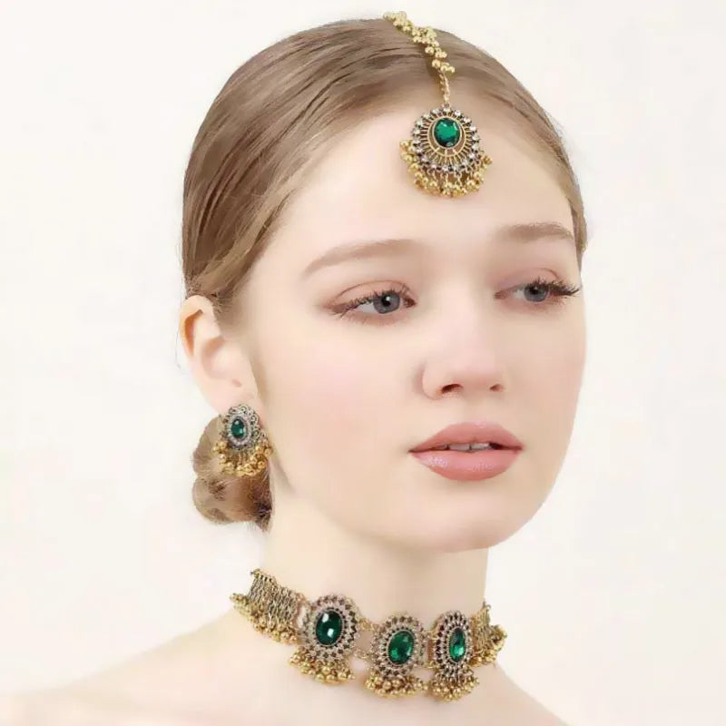 Ethnic Jewelry Set Glasses Stone Jewelry Sets Hollow Metal Pendant Necklace Earrings Headchain Set For Women Jewelry Gifts