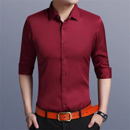 Bright Red Long Sleeve Shirt Men's Fashion Slim Shirts White Blue Gray Men Tops Black Purple Green Dress Camisa Male Chemise