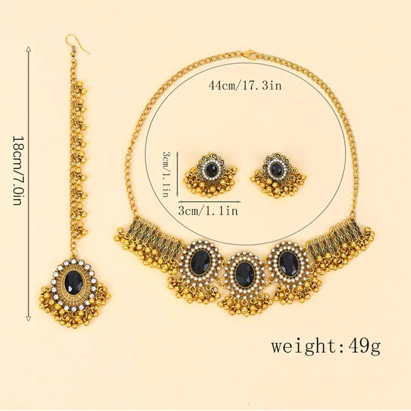 Ethnic Jewelry Set Glasses Stone Jewelry Sets Hollow Metal Pendant Necklace Earrings Headchain Set For Women Jewelry Gifts