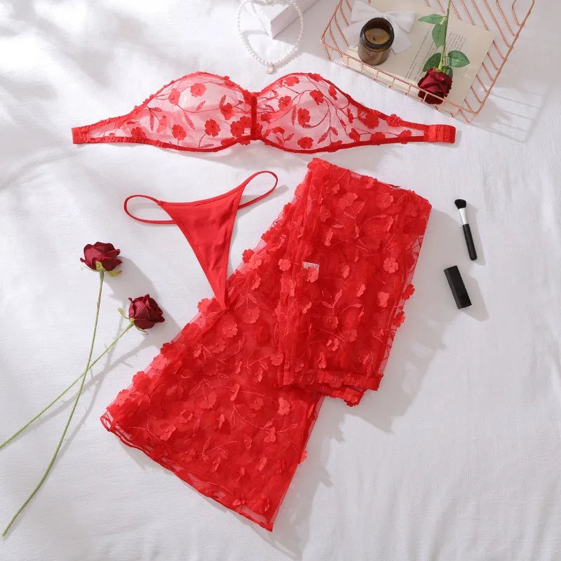 Red Erotic Sexy Lingerie Sets for Women Elegant 3PC Pants Strapless Bra 3D Floral Underwear See Through Clubwear Erotic Costumes