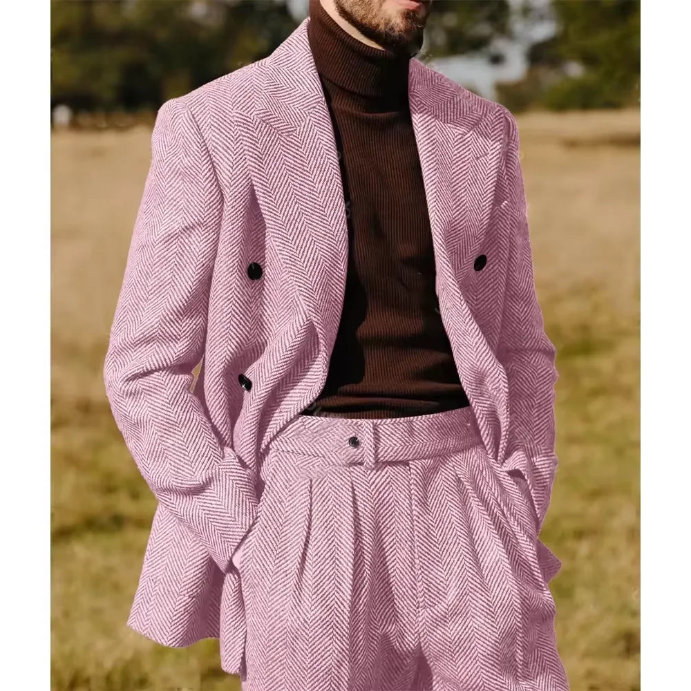 Herringbone Men's Suit 2 Pieces Set Fashion Lapel Double Breasted Tuxedos Groom Blazer Pants Party Business Tailored Hot Sell