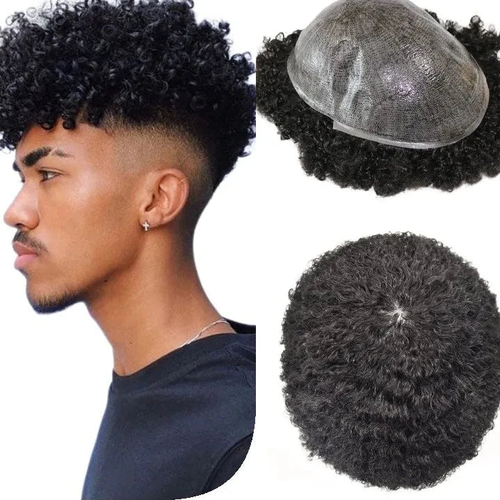Male Hair Prosthesis Wigs  10mm Curly Toupee For Men Durable Full Skin Hair System Unit for Black Men