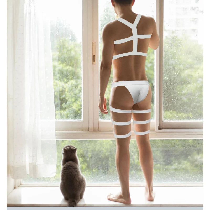 Men Sexy Harness Straps Underwear Man Leg Belt Bondage Fetish Lingerie Erotic BDSM Costume Set Long Socks Stocking Elastic Wear