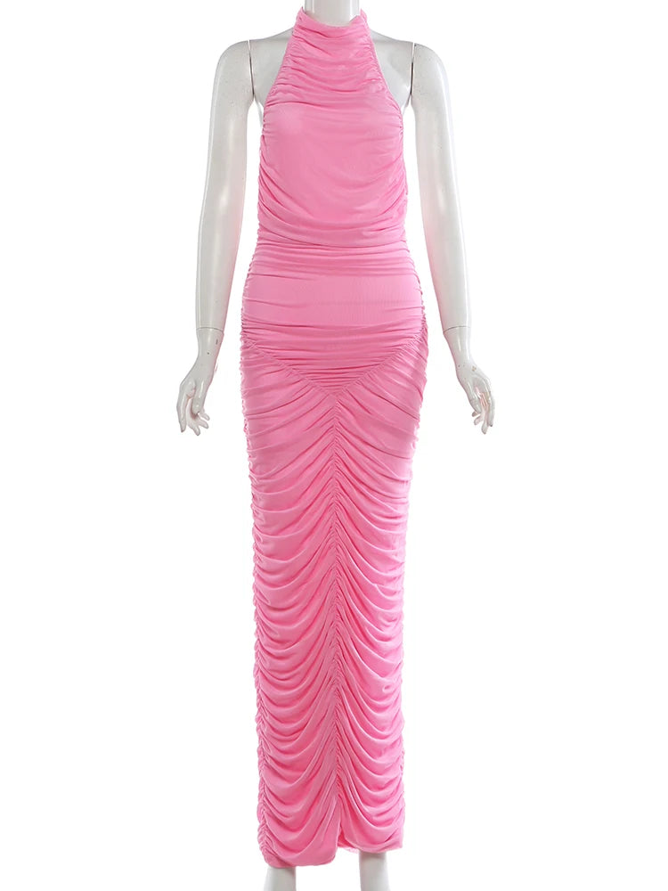 Cutenew Valentine's Day Dress Women Backless Halter Mesh Pleat Classic Peach Hip Sexy Stretch Skinny Elegant Dating Bodycon