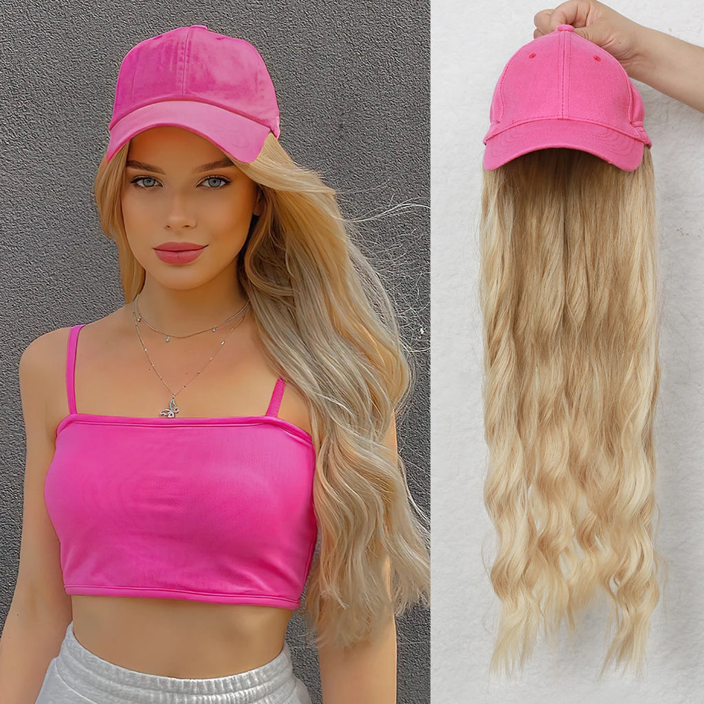 Long Wavy Synthetic Baseball Cap Hair Wig for Girl Hair Wig Naturally Connect Hat Wigs Adjustable