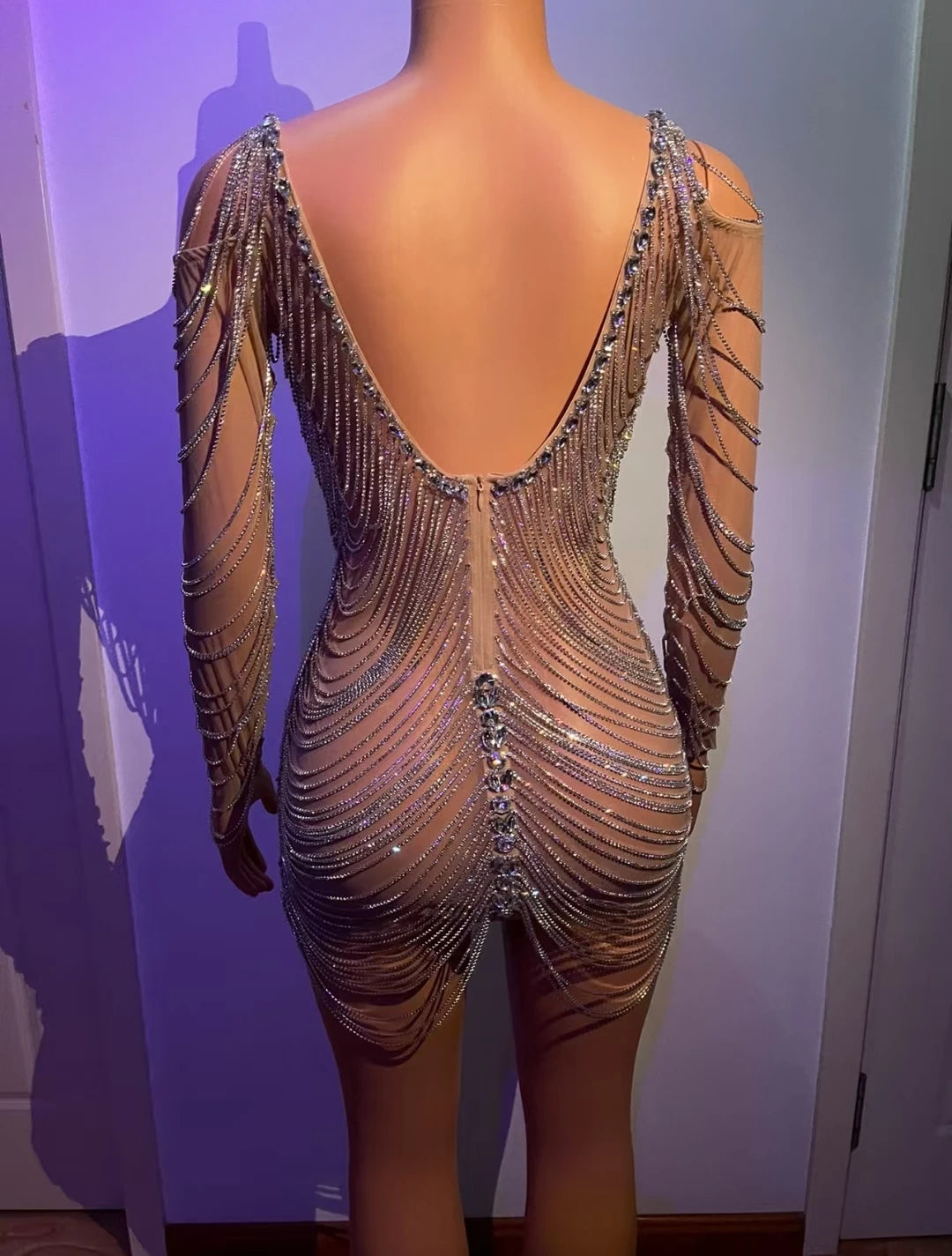 Valentine Day Outfit Sparkly Rhinestone V Neck Birthday Dress Chain Sleeve Jazz Dance Costume Nightclub Performance Wear Wanwan