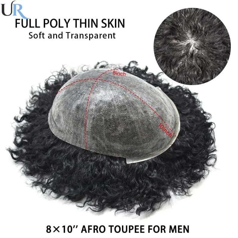 Male Hair Prosthesis Wigs  10mm Curly Toupee For Men Durable Full Skin Hair System Unit for Black Men