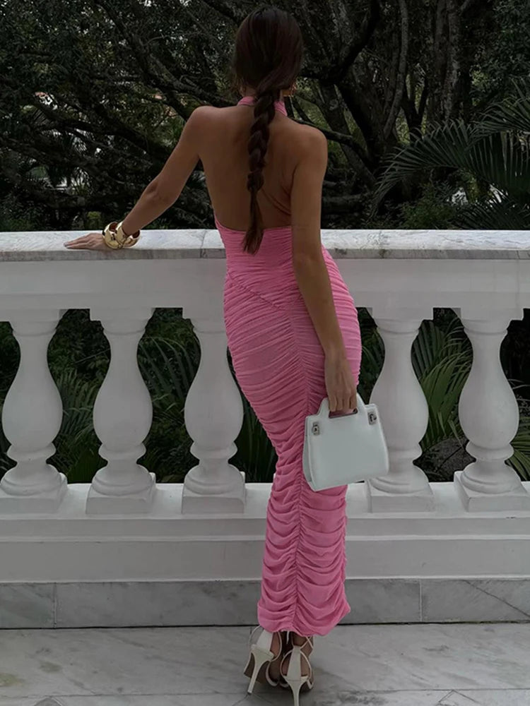 Women Backless Halter Mesh Pleat Classic Peach Hip Sexy Stretch Skinny Elegant Dating Bodycon